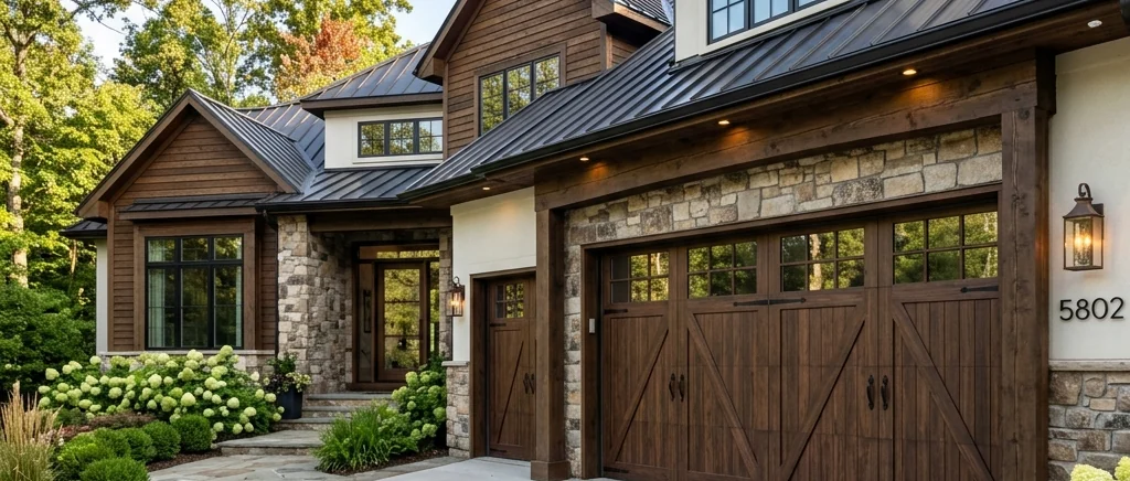 Carriage house garage door with timber plank overlay, strap hardware and an arched window row